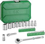 SK 1/4" Drive Socket Set with 216-P Quick-Release Ratchet, Socket Bits Set, 35-Piece, SAE, SuperKrome Finish, with Storage Toolbox