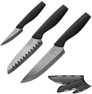 SILBERTHAL Juego cuchillos cocina de cerámica | Set 3 cuchillos cerámica Negros | Cuchillos con funda protectora