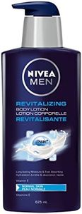 NIVEA Men Revitalizing Body Lotion with Vitamin E and Aloe Vera | 24H Hydration | For all skin types Normal to Dry | Quick-absorbing and non-sticky formula | 625 mL Pump Bottle
