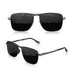 LUENX Rectangular Aviator Sunglasses for Men Women Polarized Non-Mirrored Black Lens Square Metal Gun Grey Frame Spring Hinge