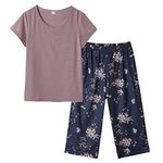 MyFav Round Neck Pyjamas for Women Soft Floral Print Capri Nightwear Cropped Loungewear(Dark Blue,XXL)