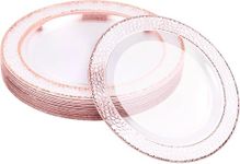 MATANA 20 Reusable 7.5 Inch Clear Plastic Party Plates Hammered Rose Gold Rim - Heavy Duty Fancy Salad Plates, Dessert Plates & Appetizer Plates for Wedding, Bridal Shower, Birthday Party, Events