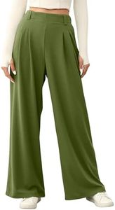 EVALESS Green Pants for Women Wide Legged Waffle Knit Elastic High Waisted Cute Girls Loose Fited Palazzo Pants Trousers with Pockets Petite Jungle Green Small