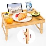 Moretoes Bed Tray Table for Eating, Bamboo Breakfast Food Tray with Adjustable Folding Legs and Phone Holders for Sofa Laptop Desk Snack Tray