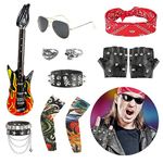 FASBET 11Pcs Rock Star Heavy Metal Set for Men Kids, includes 1 glasses 2 sleeves 2 rings 2 bracelets 2 gloves 1 inflatable guitar 1 headband, Disco Rock Star Fancy Dress Kids Boys and Girls Costume