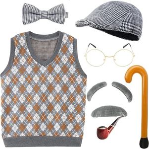 EBYTOP 100 Days Of School Old Man Costume for Kids Boys, 100th Day Dress up Accessories Grandpa Hat Glasses,Old Person Mustache and Eyebrows Cane Prop,8-10 Years