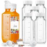 6 Pack 16 Oz Juice Bottles w Silicone Dispenser Cap, 100% Airtight Heavy Duty Screw Lid- Reusable Glass Bottles w Capacity Mark, Square Milk Bottle Juice Container for Fridge(Extra 2 Lid)