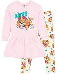 PAW Patrol Girls Sweater Dress And Leggings Set | Kids Skye Pink Sweatshirt Jumper & Cream Trousers Complete Outfit