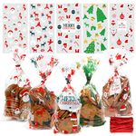 Christmas Cellophane Bags, 120 Pcs Candy Bags with Red Twist Ties, Clear Sweet Bags, Christmas Treat Bag, Cookie Bag for XMAS Party Supplies Decorations（27 × 13 cm）