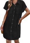 Zeagoo Button Down Dress for Women 100% Cotton Dress Short Sleeve V-Neck Linen Shirt Dress Casual Loose Tunic Shift Dress Beach Sundres,Black,S