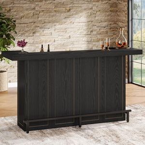 Tribesigns 4-Tier Bar Table, 70.9-Inch Large Wooden Home Bar Unit with Wine Glass Holder and Black Footrest, Pub Table with Storage Shelves for Dining Room, Living Room, Black
