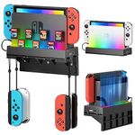 RGB Switch Wall Mount Kit for Nintendo Switch / OLED Model, Switch Dock Console Holder Stand, Switch Accessories with 7 Light Modes, 7 Card Slots, 4 Joy Con Hangers, 2 USB Ports, behind TV, Black