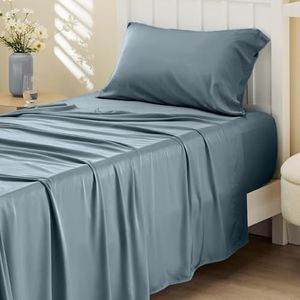 Bedsure Cooling Sheets Twin XL, Rayon Derived from Bamboo, PureWoven, Breathable & Soft Twin XL Sheet Sets, Deep Pocket Up to 16 Inches, Hotel Luxury Silky Dorm Bedding for Hot Sleepers, Dusty Blue