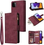 UEEBAI Wallet Case for Samsung Galaxy A22 5G, Premium Vintage PU Magnetic Closure Handbag Zipper Pocket Case Kickstand Card Holder Slots with Wrist Strap Shockproof Flip Cover - Wine Red