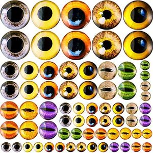 Zomiboo 70 Pcs 40/25/16/8 mm Large Animal Glass Eye Round Cabochon Eyes Half Round Dragon Eyes Mixed Printed Round Eyes 4 Sizes Mini Animal Eye Cabochons for Art Doll Props DIY Jewelry Making (Novel)