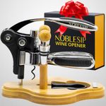 Wine Opener Kit + Stand & Designer Gift Box "NOBLESIP" [2023 Upgraded] 6 Pcs Set: Foil Cutter, Bottle Stoppers, Extra Corkscrew & Wood Base. Wine Enthusiasts Choice - Easily removes all corks (Chrome)