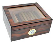 DUCIHBA Desktop Humidor Case Holds 25-50 Cigar, Tempered Glass Top Display, Handcraft Spanish Cedar Wood Storage Box with Divider, Humidifier and Hygrometer, Macassar Brown