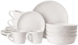 Navaris Linen Artisan Dinnerware Set (16 Pieces) - Plate and Bowl Set for 4 People with Dinner Plates, Side Plates, Pasta Bowls, and Mugs - Linen White