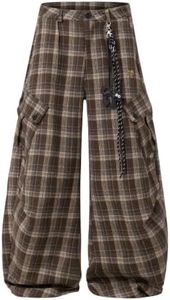 Aelfric Eden Plaid Cargo Pants Mens Womens Wide Leg Baggy Barrel Flannel Y2K Vintage Streetwear Casual Trousers with Chain Brown L