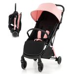 COSTWAY Baby Stroller, Protable Travel Buggy with Detachable Seat Cover, 5-Point Harness, Adjustable Canopy, Backrest and Footrest, One-Hand Fold Infant Pushchair for 0-3 Years (Pink)