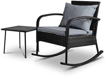 Gardeon Outdoor Rocking Chair Wicker Reclining Recliner, Patio Furniture Lounge Setting Conversation Set Backyard Garden, with Coffee Table Cushions Armrest Blackrest All-Weather Black of 2