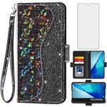 Asuwish Phone Case for Xiaomi Redmi Note 8 Pro Wallet Cover with Screen Protector and Wrist Strap Flip Credit Card Holder Bling Glitter Stand Cell Accessories Redme Note8 8pro Women Girls Black