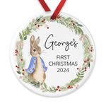 Baby Boy & Girl's First Christmas Ornament - Customisable Rabbit Coat Colour - 1st Xmas Bauble Keepsake - New Baby Gift - Personalised Newborn Hanging Decoration