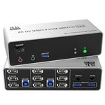 8K@60Hz KVM Switch 3 Monitors 2 Computers 4K@144Hz, Displayport KVM Switch Triple Monitor for 2 Computer Share 3 Monitor, Audio Mic Port and 3 USB3.0 Devices, Wired Remote and 5V Power Adapter