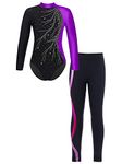 FEESHOW Children Girls Gymnastic Dance Leotard with Leggings Set Ballet Dance Outfits Ice Skating Competition Active Bodysuit Purple&Rose 9-10 Years