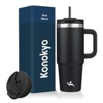 Konokyo 30 oz Tumbler with Handle and 2 Straws,2 in 1 Lid Insulated Water Bottle Stainless Steel Travel Coffee Mug,Black