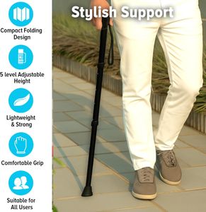 Life Healthcare Folding Walking Stick – Adjustable Lightweight Aluminium Cane, Non-Slip Tip, Ergonomic Handle, Travel-Friendly, Black