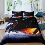 Erosebridal Ice Hockey Duvet Cover Queen Hockey Sport Player Bedding Set Winter Extreme Sport Game Comforter Cover Set Sports Arena Flame Pattern Bedding for Boys Teens Adult Blue Black