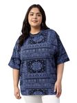 JUNEBERRY® 100% Pure Cotton Oversized Baggy Fit Stylish Paisley Bandana Print Half Sleeve Plus Size T-Shirt for Women & Girls (JB_PS_785_NB_4XL) Navy Blue