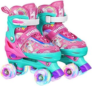 Wheelkids Roller Skates for Toddler Girls Baby Kids Ages 2-3, Pink Unicorn Adjustable Rollerskates Toddlers Beginners 4 Sizes with Light Up Wheels