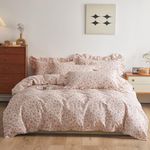 HighBuy Ruffle Lace Comforter Set Queen Pink Floral Bedding Comforter Set Queen for Teen Girl Pink Floral Comforter Set for Queen Bed,Smooth Soft Boho Floral Queen Comforter Set with 2 Pillowcases