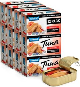 FinerFin Yellowfin Tuna Salad in Organic Olive Oil | Spicy Chili Flavor | Premium Canned Tuna Fish with EVOO | Gourmet Ready-to-Eat Wild-Caught Fillets | 4.4oz can - 12 Pack