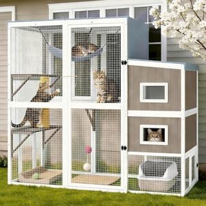 PetsCosset Large Catio Outdoor Cat Enclosure Large Cat House for Multiple Cats, Walk-in Kitty Cage with 4 Level Platforms, 2 Acrylic Rest Houses, Scratching Post, Weatherproof Roof, Expandable Design