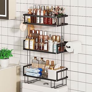 Godboat Bathroom Organizers and Storage, 3-Tier Wall Shelves, Over Toilet Rack with Paper Holder and 2 Hooks, Floating Shelf & Accessories, Gifts for Women, Mom, Mothers Day (Black)