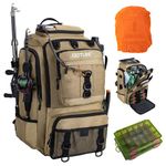 Goture Fishing Backpack 40L Tackle Rucksack Insulated Fishing Bag with Cooler, 900D Oxford Fabric with Rod Holder, Organised Storage Compartments, Rain Cover, Includes 2 Tackle Boxes B Khaki