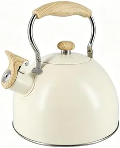 Lily's Home Whistling Tea Kettle, Teapot for Stovetop, Pleasant Whistle Sound, Heat Resistant Plastic Handle - Faux Wood Finish, Non Toxic Stove Kettle for Boiling Water - 2.5 Quarts (Cream)