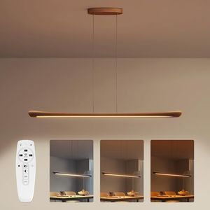 PopoIron 54" Wood Linear Pendant Light Kitchen Island Dimmable Dining Room Light Fixture with Remote, Adjustable Kitchen Island Chandelier 30W for Dining Room Bar Pool Table Light Walnut Color