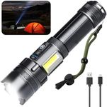 ASORT LED Torch Rechargeable, Super Bright Flashlight 7 Modes with COB Work Light, Adjustable Focus, Water Resistant, Lightweight Handheld Torch for Camping, Running, Dog Walking, Emergency