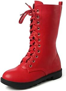 DADAWEN Kid's Girls Leather Lace-Up Zipper Mid Calf Combat Riding Winter Boots (Toddler/Little Kid/Big Kid) Red US Size 3 M Little Kid