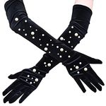 Aularso Long Opera Party Velvet Gloves Flapper Gloves Stretchy Elbow Gloves Evening Banquet Accessories for Women and Girls, Black-pearl, Free size