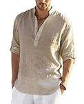 COOFANDY Mens Cotton Linen Henley Hippie Casual Beach T Shirt, Khaki, Small, Long Sleeve