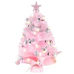 Siebwin 24 Inch Mini Christmas Tree, 2Ft Pink Table Top Artificial Christmas Trees with Led String Light, Tree Topper, Christmas Balls Ornaments for Christmas Decorations