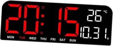 Tetpino Digital Wall Clock with Large Display, LED Digital Clock with Auto Dimmer, 12/24H Format, DST, Date, Week, and Temperature Display, Electric Wall Clock for Home, Office, and School (Red)