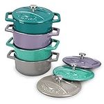 Navaris Cast Iron Round Cocottes (Set of 4) - 4.1" Mini Cocotte Dutch Oven Dishes with Enamel Coat, 9.8 oz - Teal/Violet/Green/Grey
