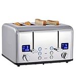 CUSIMAX 4 Slice Toaster, Ultra-Clear LED Display & Extra Wide Slots, Dual Control Panels of 6 Shade Settings, Cancel/Bagel/Defrost Function, Removable Crumb Trays, Stainless Steel Toaster