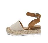 Soda Topic Open Toe Buckle Ankle Strap Espadrilles Flatform Wedge Casual Sandal, Beige Canvas/Tan, 8.5